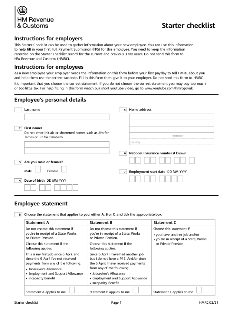 Starter ChecklistStarter Checklist for PAYE GOV UKStarter Checklist for PAYE GOV UKStarter Checklist for PAYE GOV UK 2021